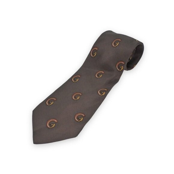 Vtg GUCCI Mens Silk Dress Tie Italy Horses Equestrian Logo Brown Orange 70s - Picture 1 of 6